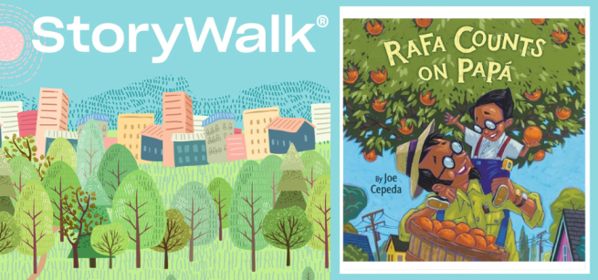 Ilustration of a city with pastel colored buildings, blue sky, and green grass with various leafy trees and book cover on right