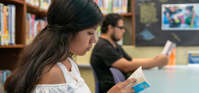 High school student studying in library