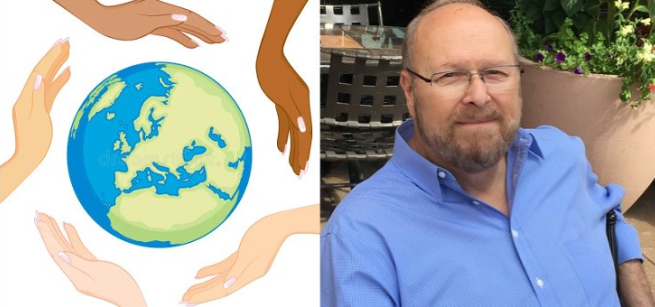 Globe with diverse hands and Rabbi Arthur Rosenberg