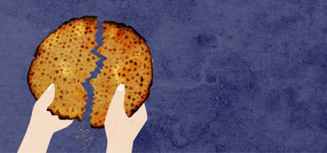 A plain illustration of hands breaking matzo against a purple background.