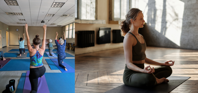 Pictures of people doing yoga in class. 