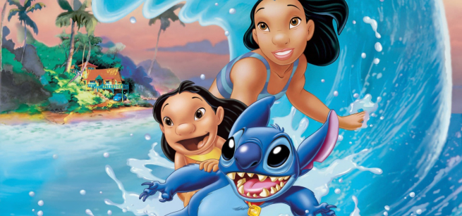 Lilo, Nani, and Stitch surfing