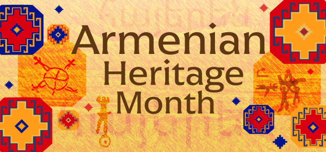 red blue and orange graphic depicting armenian tapestry and text that reads "Armenian Heritage Month"