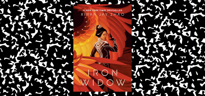 the background is black and white splatters with a book cover of the book Iron Widow