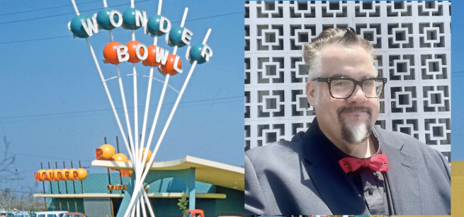 Image is of author Chris Nichols in a suit and red bowtie in front of a patterned background and the image is superimposed onto a historic photo of the exterior of a bowling alley named "Wonder Bowl" displayed at blue and orange bubbles on a pronged stand in front of the building.