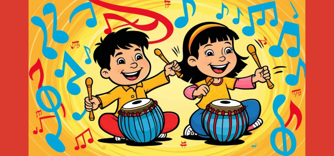 Two children, a boy and a girl, playing drums and smiling.