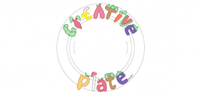 CrEATive Plate is spelled in colorful letters in a circle against a dinner plate