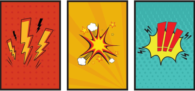 three comic strip sections are across the screen with explosive imagery in the middle of each section.