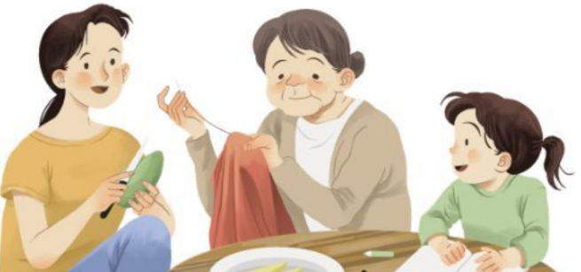 Intergenerational group of women and girl sit around a table talking and sharing a meal together. 