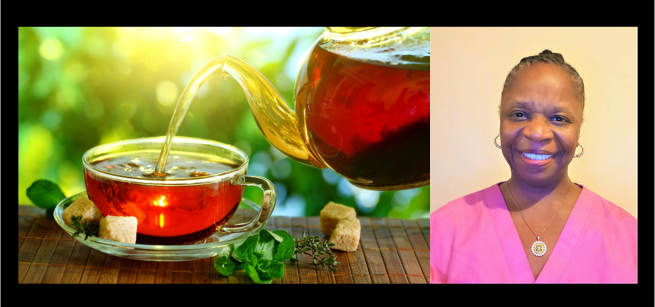Picture of a tea pot pouring tea into a cup and Dr. Desmonette Hazly 