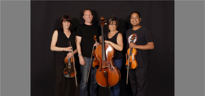 Four members of the Kadima String Quartet pose with their instruments.