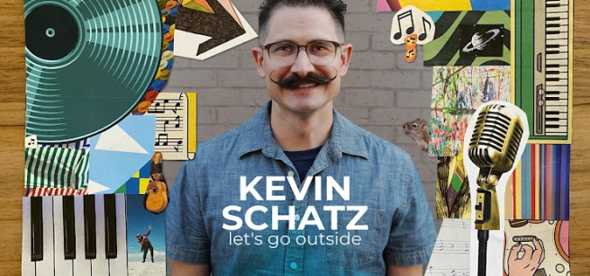 Singer Kevin Schatz stands smiling in the center of a collage of keyboards, records, a microphone, and musical notes