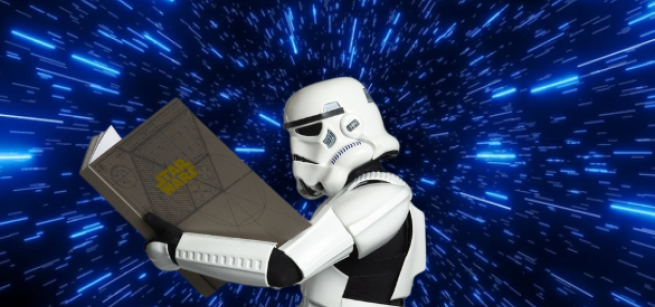 Storm Trooper reading a book in outer space.