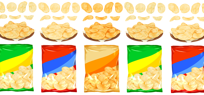 5 graphics of bags of chips in different colors