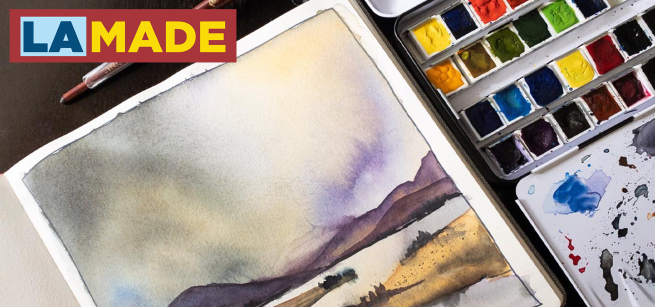 watercolor landscape with paint palette