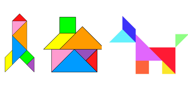 Rocket, house and dog images made from 7 geometric shapes