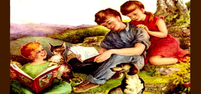 Children in grass field reading books.