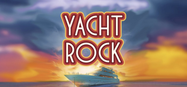 yacht rock text with yacht and sunset