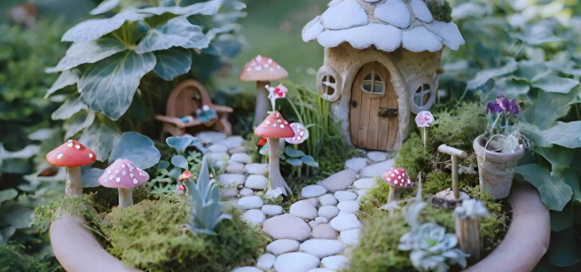 a fairy garden with houses and rock-lined path