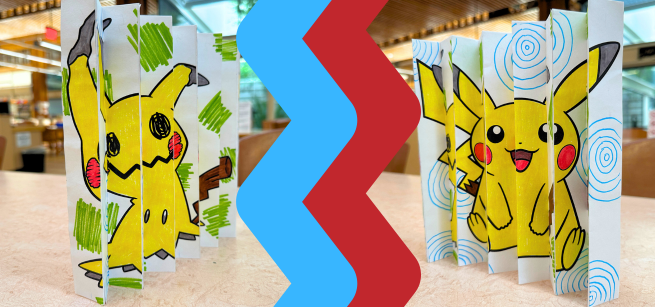 Two illustrations are shown in lenticular art divided by a zigzag.