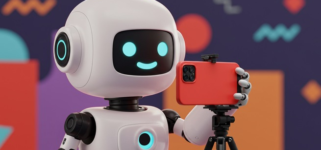 robot using mobile phone on tripod