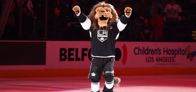 Bailey, a lion mascot of the LA Kings, is shown with his LA Kings outfit.