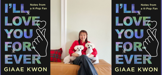 Author Giaae Kwon is shown in a red sweater with two small white dogs. Beside her are the cover of her book, "I'll Love You Forever: Notes from a K-Pop Fan"