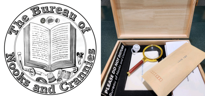 A seal of the Bureau of Nooks and Crannies with an open book in black and white on the left. A photo of a wooden box on the right with a magnifying glass, a folded letter, and a beige envelope.