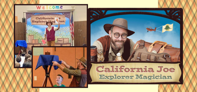 3 photos of white male magician dressed like an explorer showing a floating table and a book with text reading California Joe Explorer Magician