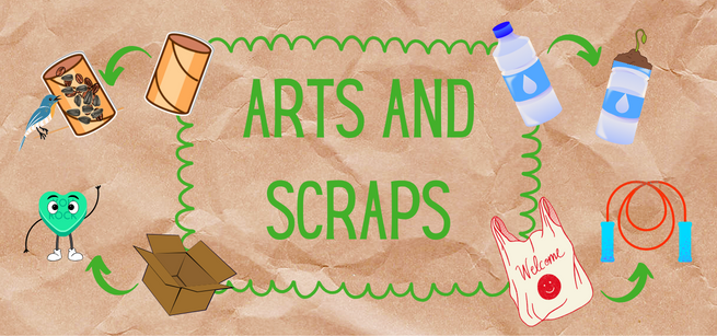Collage with upcycled craft projects and the text "Arts and Scraps" on a brown paper background.