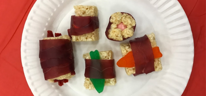 Five pieces of candy sushi