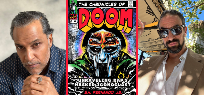 The cover of The Chronicles of Doom, which has a Marvel comics like layout, is shown between portraits of author S.H. Fernando and guest Peter Agoston