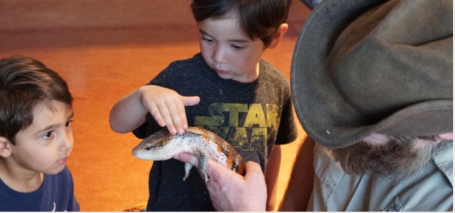 Children petting a lizard.