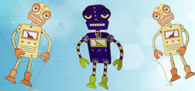 Three paper robot puppets on a blue background.