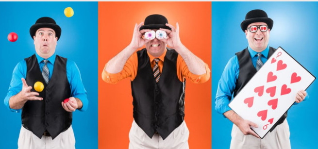 Three images of a man in a bowler hat. In the first image, he's juggling, in the second, he's holding up goofy oversized eyeballs, and in the third, he's holding up an oversized playing card.