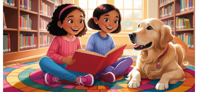 Two children reading to a dog in the library.