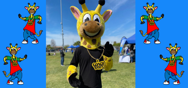 man in a giraffe head costume