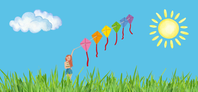 A young woman flies a string of kites in rainbow colors.