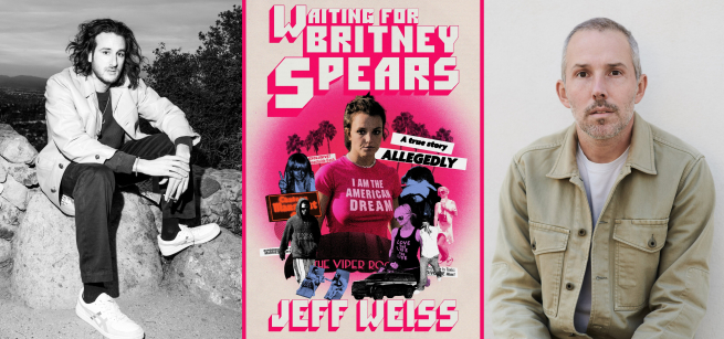 Authors Jeff Weiss and Rosecrans Baldwin flank the cover of Waiting for Britney Spears, which is a collage of pictures of the singer next to tabloid headlines and Los Angeles landmarks like the Viper Room and Chateau Marmont