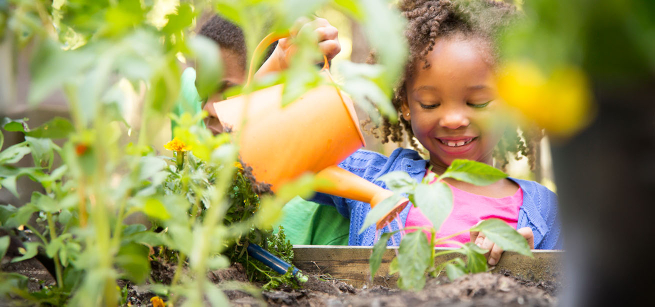 child using a water can to water a garden