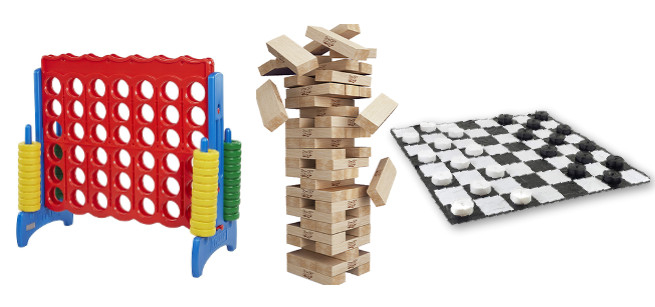 Giant version of Connect 4, block tower, and checker board