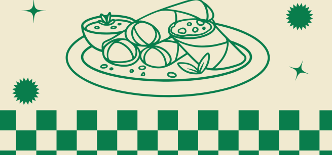 Green illustration of a plate of Vietnamese spring rolls