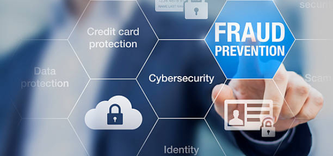 man pointing to fraud prevention wording with other identity theft words around 