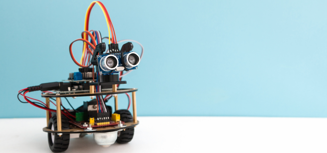 Robot against a blue background