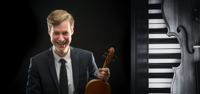 picture of jason issokson holding a violin; second picture of piano and violin together