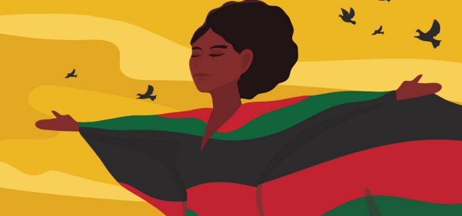 stylized illustration of a black women wearing a robe of red black and green, facing the wind with birds flying in the background