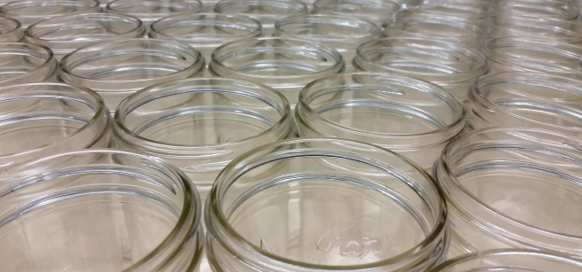 Rows of empty clear glass jars arranged closely together