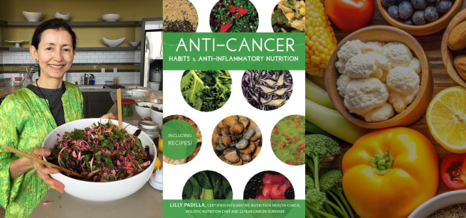 Woman with a bowl of food and a book.