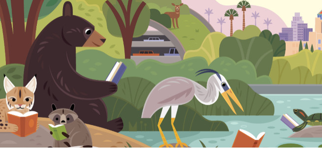 Animals including a bear, bird, raccoon, and mountain lion cat reading books in an outdoor park near a pond.