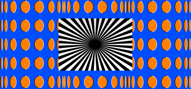 Optical illusion, Blue background with orange dots with black and white stripes in the center.